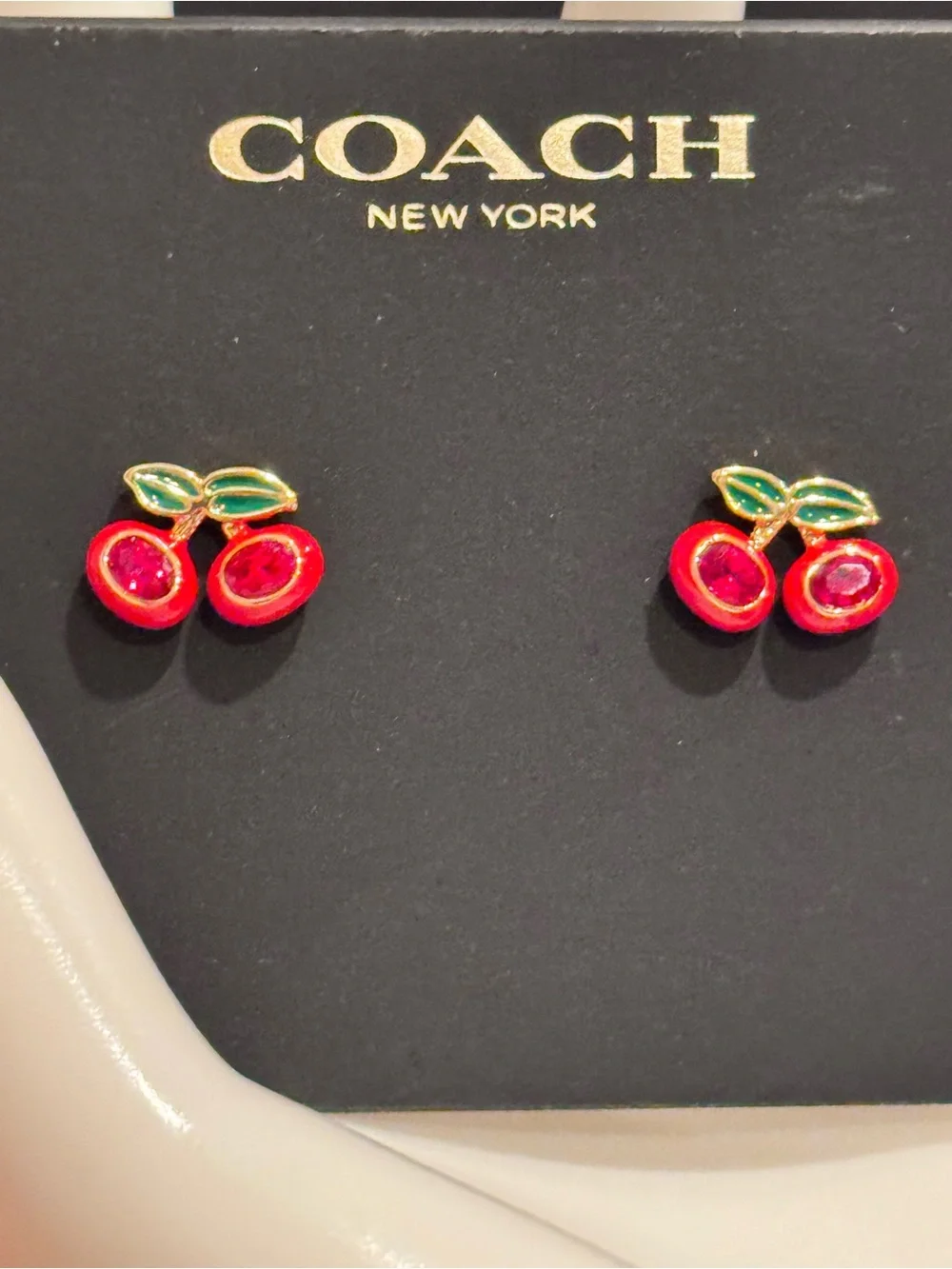 NWT Coach Cherry Stud Earrings Red Crystal Enamel Gold Tone F54514